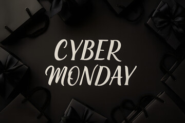 Top view of black gift boxes with ribbon bows and paper bags on isolated black background, perfect for Black Friday or holiday promotions