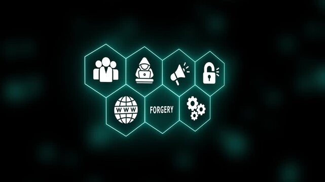 Digital system interface with cybersecurity and forgery prevention icons on futuristic dark background