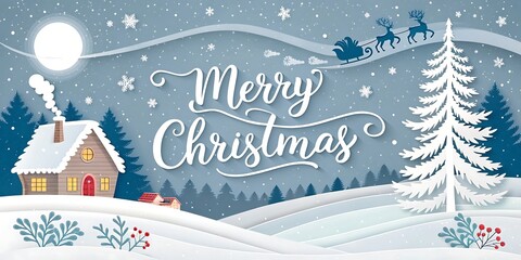 Whimsical winter wonderland merry christmas scene with a cozy cabin snowfall and santa s sleigh overhead
