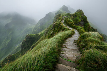 Stone pathway winding up a lush green mountain ridge enveloped in mist, creating a mysterious and serene hiking trail in a remote natural landscape