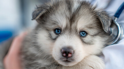 Adorable husky puppy with striking blue eyes being gently held during a veterinary checkup, showing care and compassion in a clinical setting