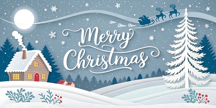 Whimsical winter wonderland merry christmas scene with a cozy cabin snowfall and santa s sleigh overhead
