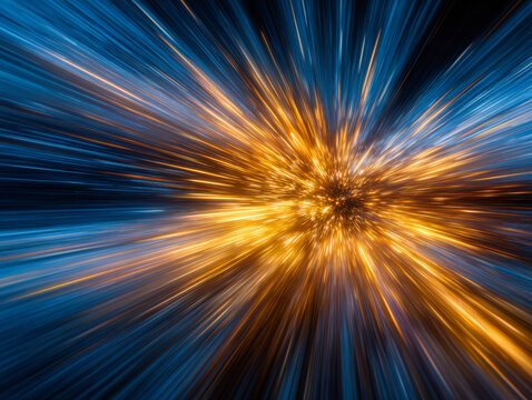 Dynamic burst of golden and blue light streaks radiating outward creating a vivid abstract explosion effect with vibrant colors and motion blur patterns