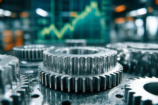 Shiny metallic gears working together on machinery with blurred stock market graph and office background symbolizing industrial efficiency and economic growth
