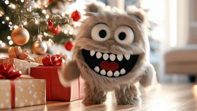 Fluffy toy monster with big smile near Christmas tree. Presents and gifts with cartoon creature. Family holiday celebration.