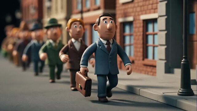 Animated businessmen walking in an endless line on a city street. Corporate conformity and the daily routine. Stop motion style 3D animation