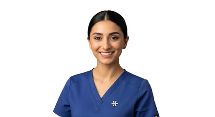 Smiling Middle Eastern woman, 24-28, a veterinary technician in scrubs with a snowflake pin, isolated on transparent background. Perfect for healthcare campaigns, holiday marketing,