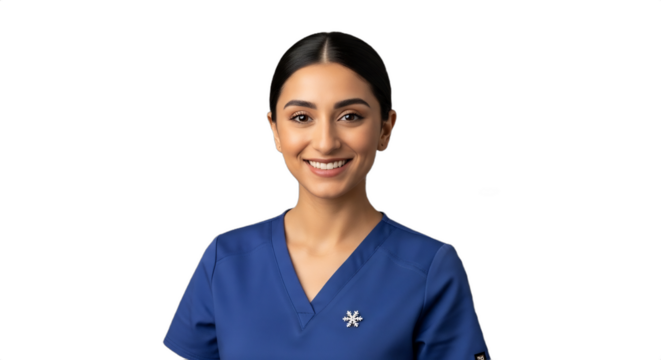 Smiling Middle Eastern woman, 24-28, a veterinary technician in scrubs with a snowflake pin, isolated on transparent background. Perfect for healthcare campaigns, holiday marketing,