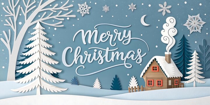 Whimsical paper cutout winter wonderland scene with a cozy cabin and merry christmas greeting