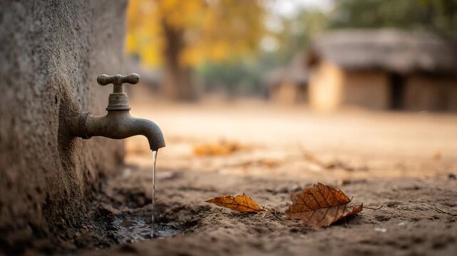 Old outdoor water faucet dripping in dry rural area symbolizing water scarcity and climate change