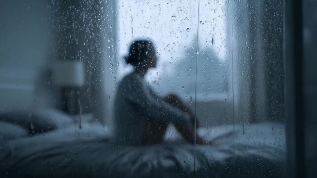 Depressed woman sitting on her bed near a window during a rainy day, seen through glass covered with raindrops, evoking loneliness and melancholy.