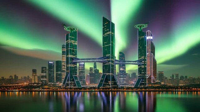 Futuristic city skyline glows under vibrant aurora borealis with helicopters landing on helipads atop modern skyscrapers connected by sky bridges