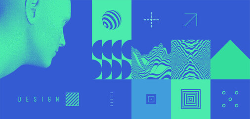 Digital human head. Geometrical pattern. Mosaic. Cover design template. Vector for presentation, placard, banner, poster, brochure or notebook.