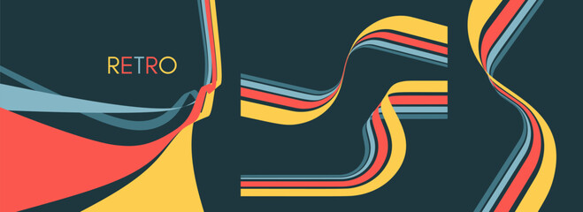 Fototapeta na wymiar A retro 1970s-style background. Colorful lines. Abstract, dynamic curved ribbons. Designed for posters or banners for sports competitions and races. A collection of vector illustrations.