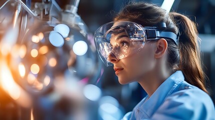 Young Asian female scientist in protective goggles and blue shirt conducting experiment in laboratory with glowing equipment and bokeh background.
