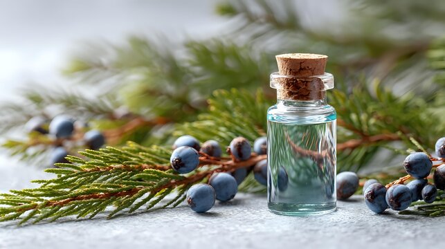 Small glass bottle with cork stopper next to juniper branches and blue berries on light background, natural aromatherapy concept.