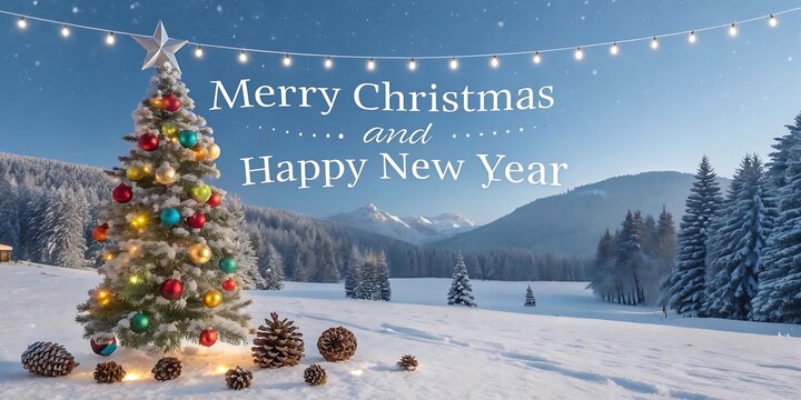 A beautifully decorated christmas tree stands tall in a snowy winter landscape under a string of festive lights wishing merry christmas and happy new year