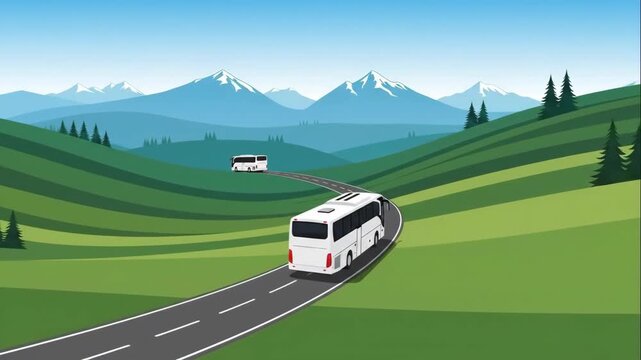 Animated tour buses driving on a scenic mountain road. A journey through green hills with snow-capped peaks in the background. Travel and tourism vector animation