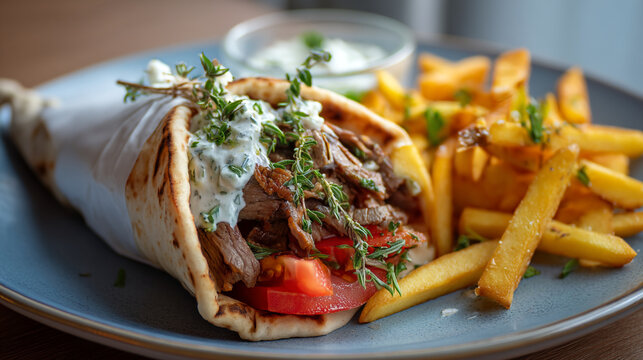 Close up of a gyro wrap with meat tomato and sauce next to french fries on a blue plate