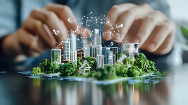 Businessman manipulating digital network over miniature sustainable smart city model with skyscrapers surrounded by green spaces.