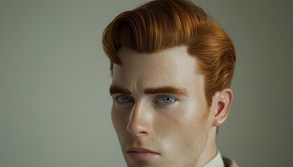 Close-up portrait of young man with styled ginger hair, freckles and blue eyes against neutral background, perfect for fashion, beauty, or character design.