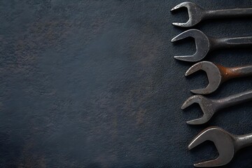 Vintage metal wrenches arranged in row on dark rusty background with copy space for mechanical repair or industrial concept.