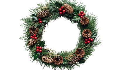 A christmas wreath made of pine branches with pine cones and red berries on a png background