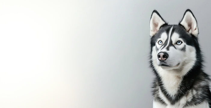 Front facing portrait of a Siberian Husky dog with blue eyes and thick fur against a light gray to white gradient background Generative AI
