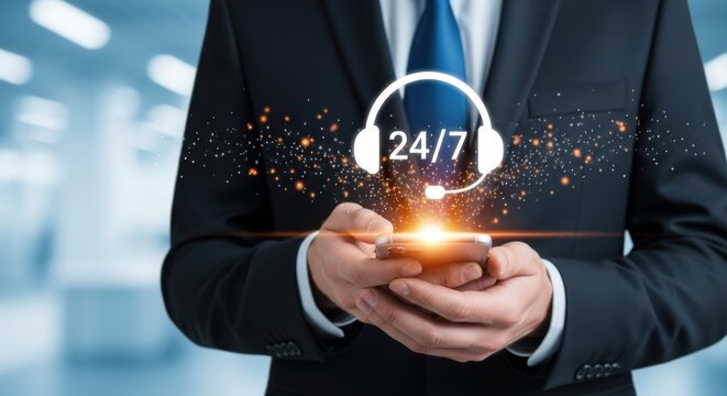 Business professional using smartphone with glowing 24 7 customer support headset icon