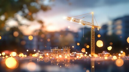 Construction site with tall crane illuminated at dusk, urban development visible through bokeh light effects creating dreamy atmosphere for real estate and city growth concepts.