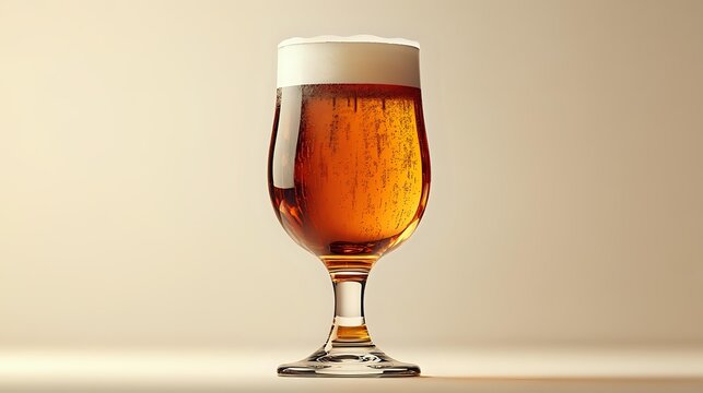 Golden craft beer with frothy white head in elegant tulip glass against neutral beige background, showcasing rich amber color and carbonation bubbles. - Powered by Adobe