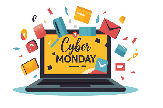 Virtual Cyber Monday sale concept with laptop screen and clicking hand, vector illustration perfect for online shopping promotions