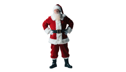 A full shot of santa claus in his traditional red suit standing with hands on his hips on png