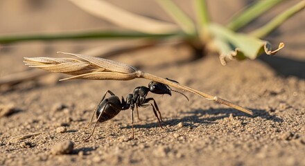 Close-up of a black ant carrying a piece of straw across dry ground.
