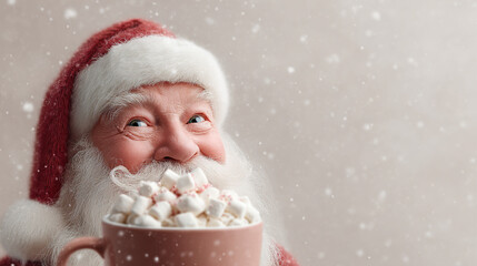 A close-up of a smiling person in a festive hat, holding a mug filled with marshmallows, with a snowy effect, conveying a warm holiday spirit.