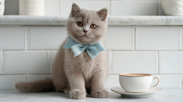A charming kitten with a light blue bow tie sits beside a cup of coffee, exuding an air of sophistication and playfulness on a modern counter.