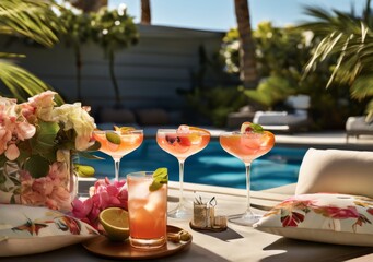 Refreshing Summer Cocktails by the Pool on Sunny Day. Set of five glasses near pool in sunny summer day, Tropical cocktails assortment outdoors. Cold refreshment drinks in glass for pool party
