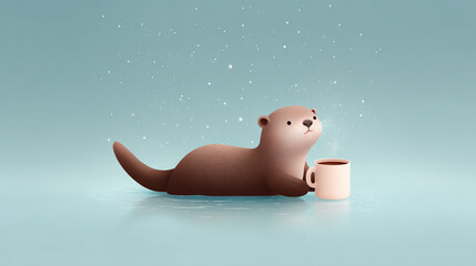 Cozy otter enjoying a warm beverage on a frosty morning, looking at the falling snowflakes with a peaceful expression, a serene moment of calm.