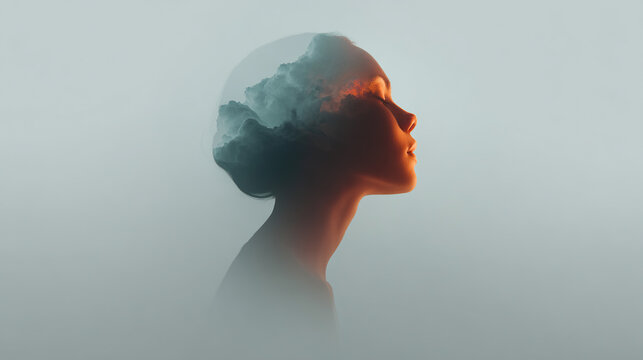 Serene woman's profile, a double exposure of peace with clouds, capturing introspection & inner peace. The soft light enhances her calm demeanor.