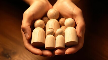 Hand holds wooden family figurine. Parent and child figure stand together in palm. Gentle grip suggests protect care and unity. Concept of support connection and human bond. Family value and hope.