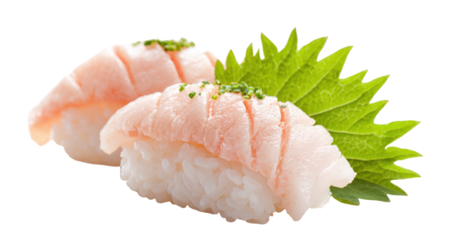 Two pieces of sushi with a green leaf 