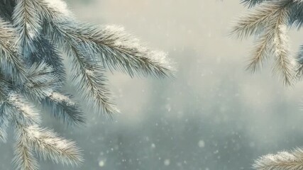 Close-up of snow-dusted evergreen branches against a soft-focus wintry background with falling snowflakes - Powered by Adobe