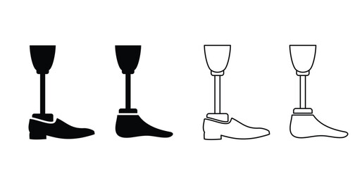 Prosthesis leg. Cartoon disability, artificial prosthetic legs. Artificial leg for comfortable living. Human leg prostheses set. prosthetics concept. Amputees with a leg prosthesis. Bionic legs icon.