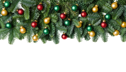 Christmas garland with red green and gold ornaments hanging from pine branches against a png background