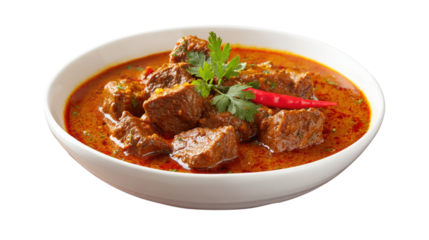 A bowl of beef stew with red sauce and green parsley