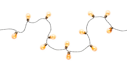 A string of warm glowing edison bulbs hanging in darkness isolated on transparent background
