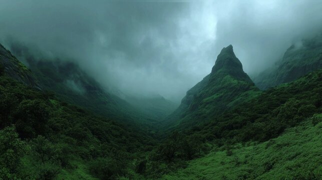 Rolling hills and towering peaks emerge from a blanket of mist, showcasing a vibrant green landscape. The serene atmosphere invites exploration and adventure amidst nature's beauty - Powered by Adobe