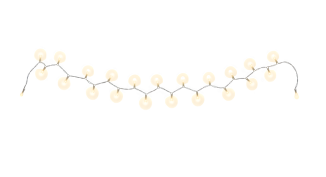 Decorative string of warm white led fairy lights with a gentle curve isolated on transparent background