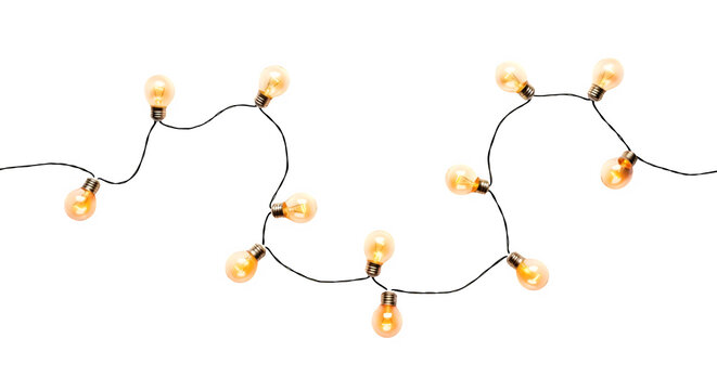 A string of warm glowing edison bulbs hanging in darkness isolated on transparent background - Powered by Adobe