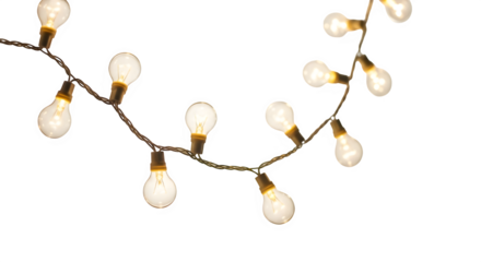 A string of warm white led bulb lights glowing brightly isolated on transparent background